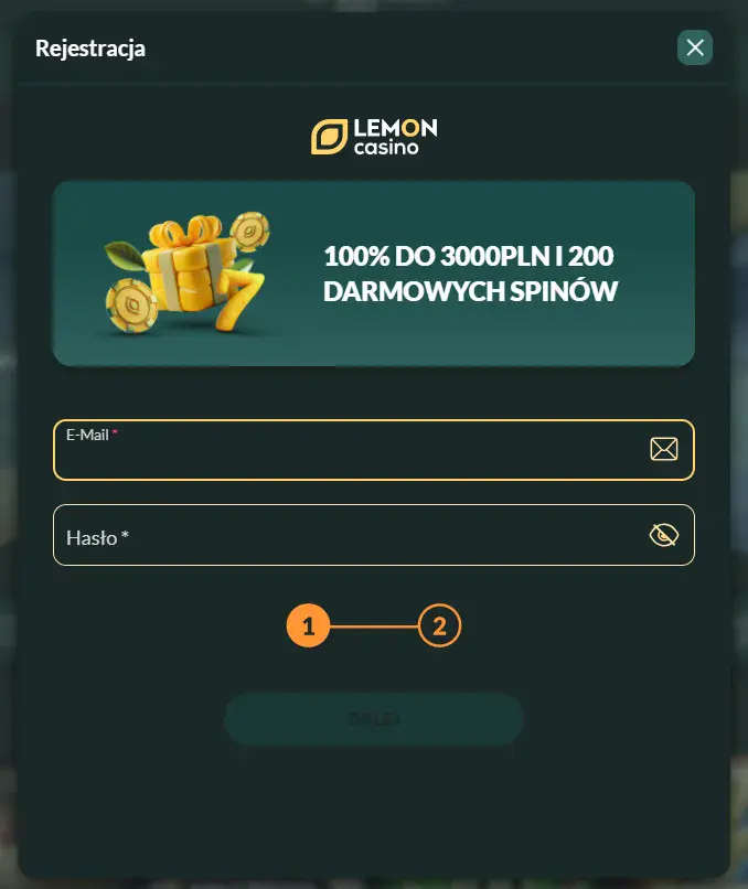 Formularz rejestracji Lemon Casino – podanie adresu e-mail i ustawienie hasła